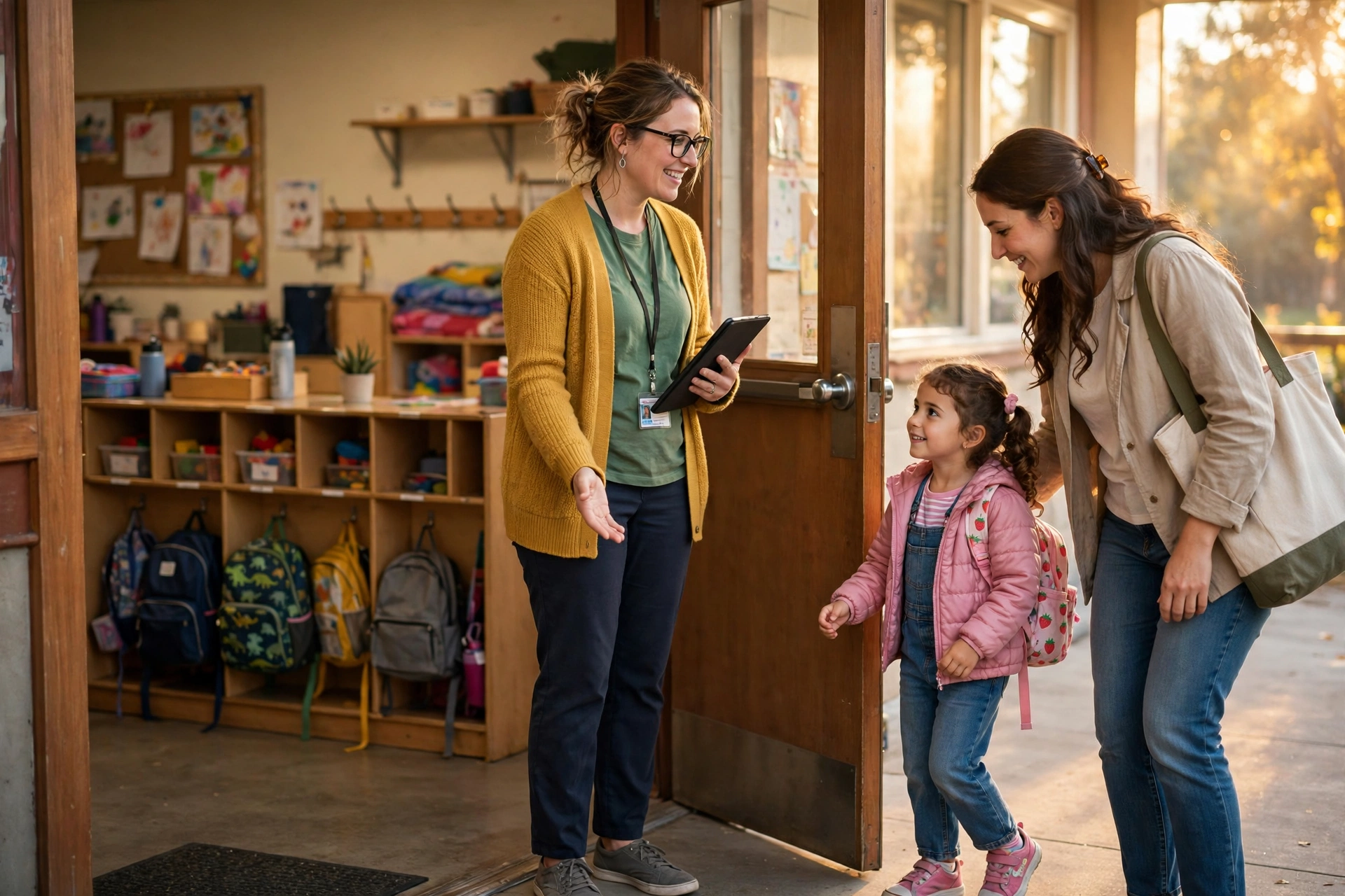 A preschool teacher standing in her classroom doorway, tablet in hand, greeting a young girl and her mother in warm morning light