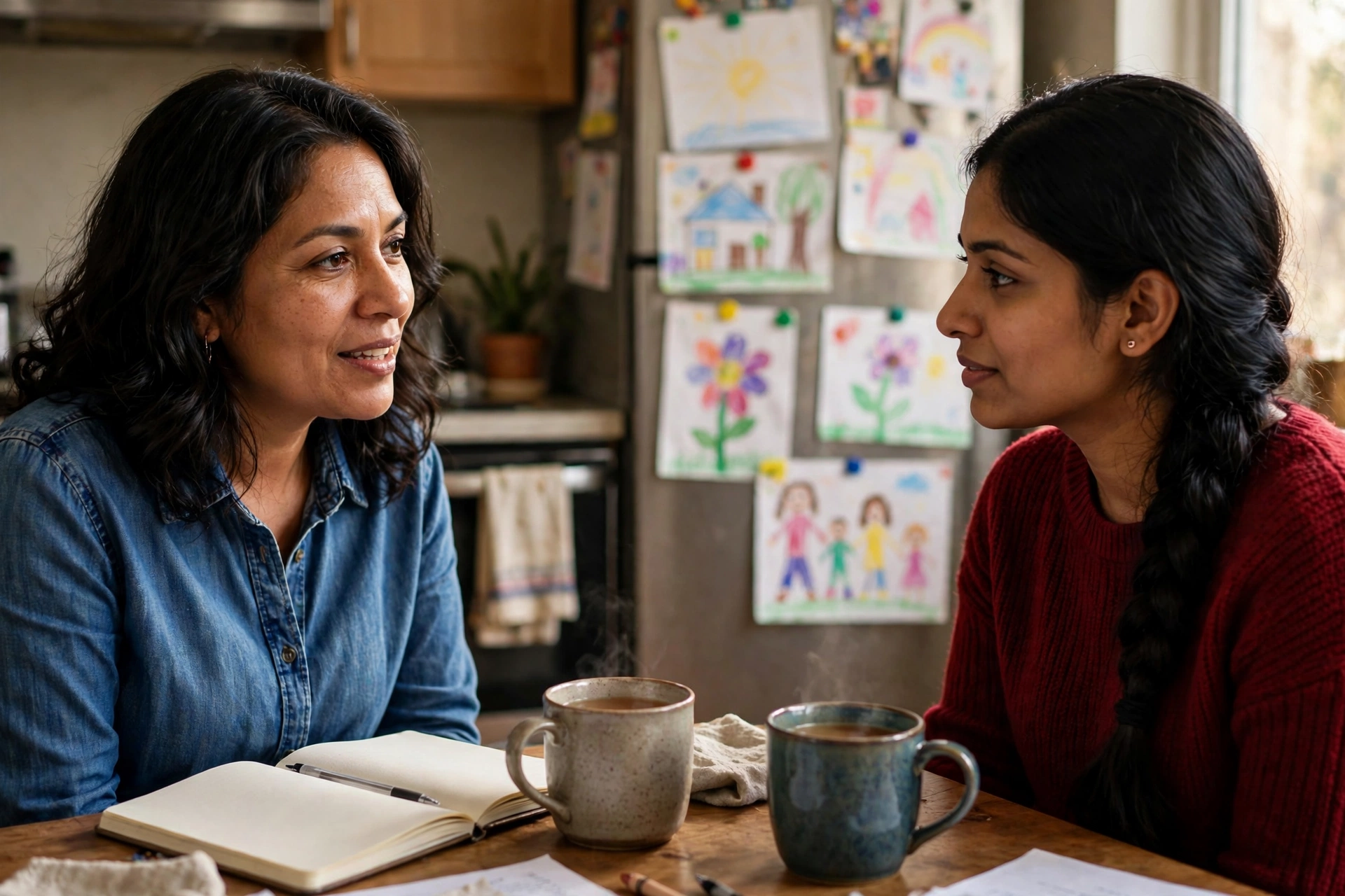 A family advocate talking with a mother at her kitchen table during a home visit, notebook open